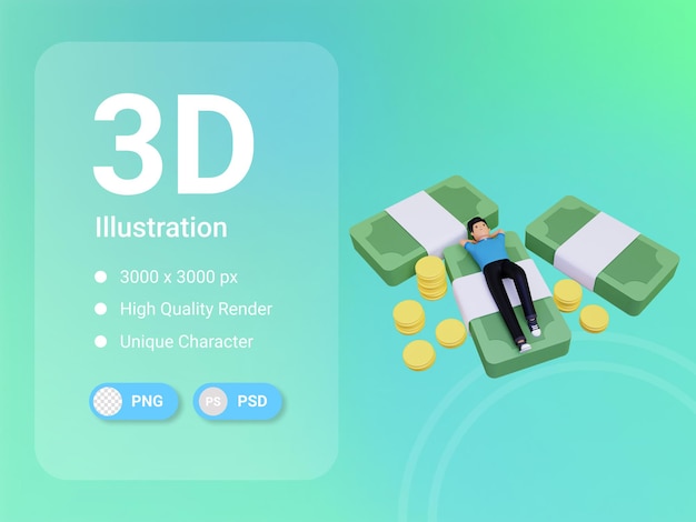 PSD homem 3d relaxante na pilha de dinheiro