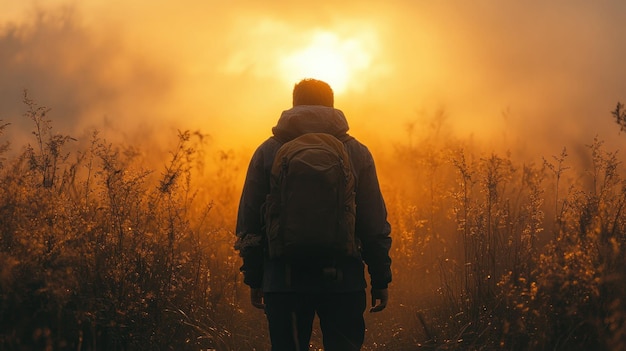 PSD homem a caminhar para o pôr-do-sol