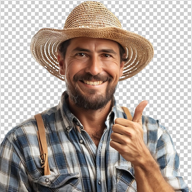 PSD homem fazendeiro sorridente com o polegar para cima usando um chapéu isolado em fundo transparente