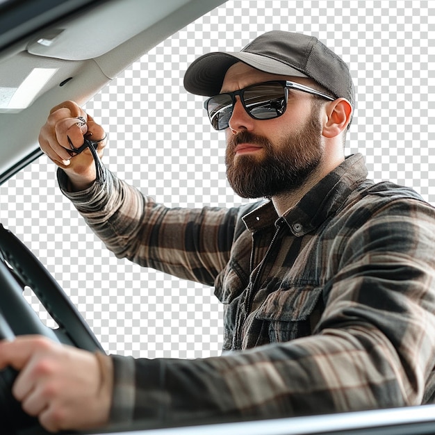 PSD un homme attache des lunettes de soleil à la visière de sa voiture pour faciliter l'accès pendant la conduite