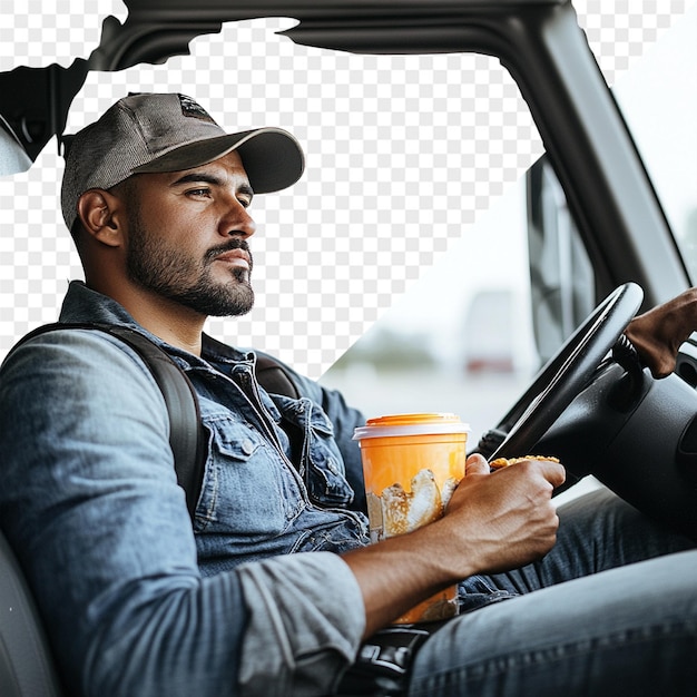 PSD un homme dans une voiture avec une tasse de café