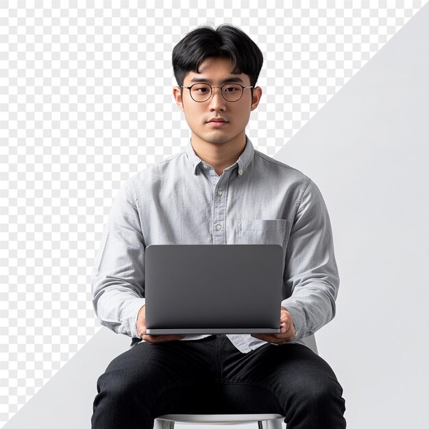 PSD un homme est assis sur un tabouret avec un ordinateur portable