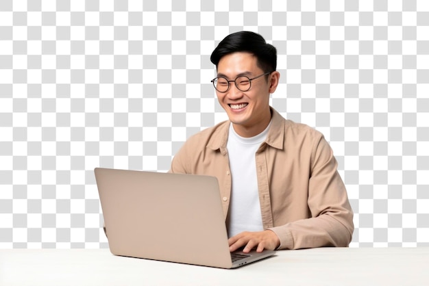 PSD un homme souriant qui utilise son ordinateur portable avec joie