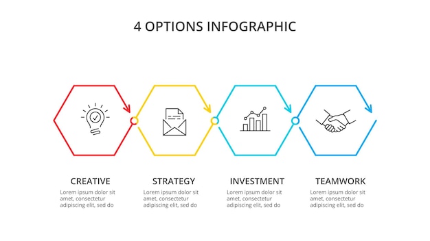 PSD horizontales fortschrittsdiagramm mit 4 sechseckelementen kreative infografik-designvorlage