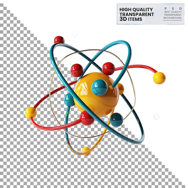 Icona 3D dell'atomo Un'icona colorata dell'atoma che rappresenta la fisica su uno sfondo trasparente