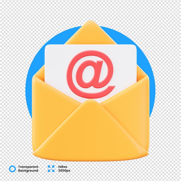 PSD icona di e-mail renderizzata in 3d in una busta gialla