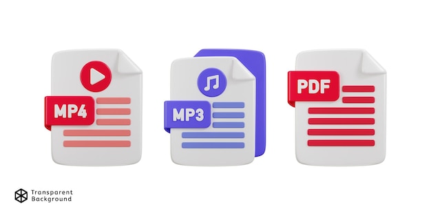 PSD ícone de arquivos em mp4 mp3 e formato de arquivo pdf ícone de ilustração vetorial de renderização 3d