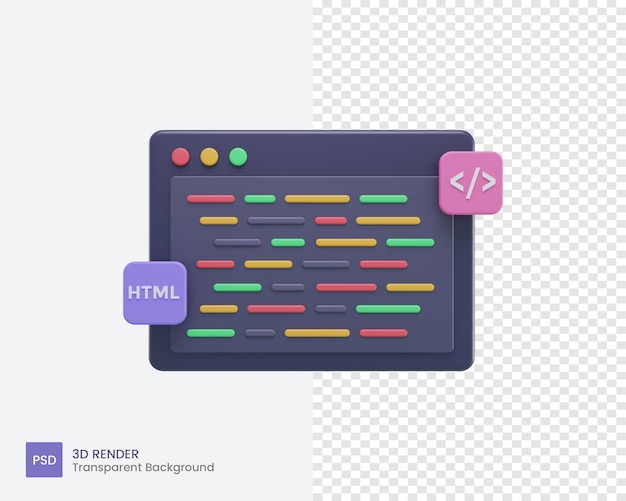 PSD ícone de codificação 3d ou código de programa ou código de sintaxe com html e css