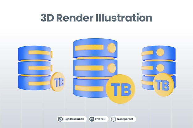 PSD ícone do servidor de banco de dados de renderização 3d com ícone de terabyte isolado