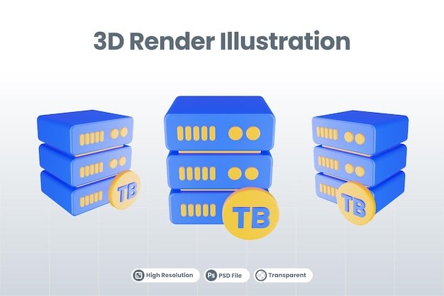 PSD ícone do servidor de banco de dados de renderização 3d com ícone de terabyte isolado