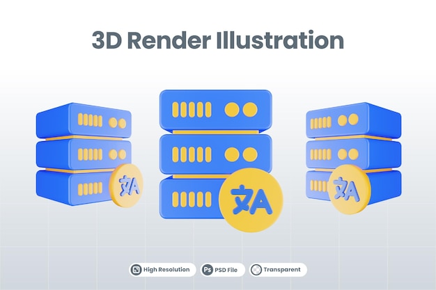 PSD ícone do servidor de banco de dados de renderização 3d com ícone de tradução isolado