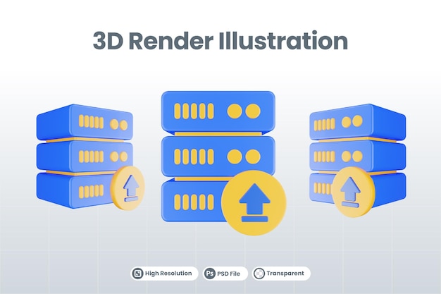 PSD ícone do servidor de banco de dados de renderização 3d com ícone de upload isolado