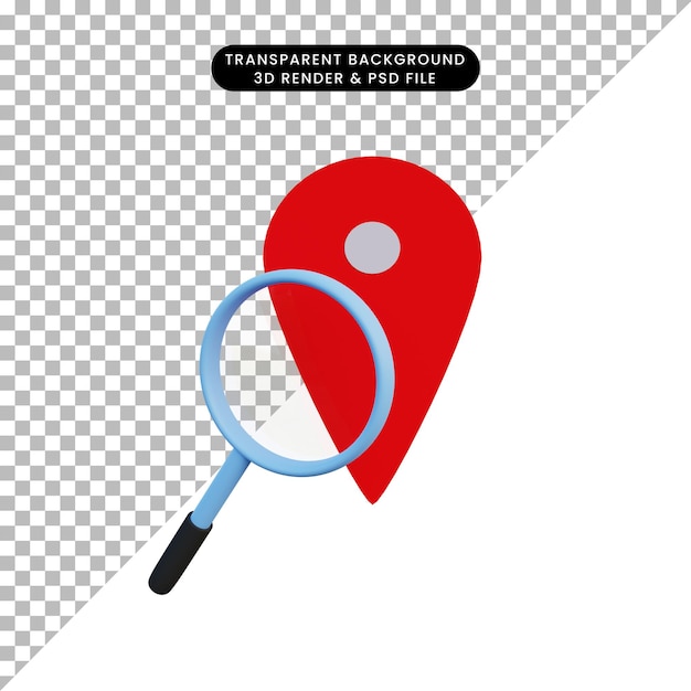 PSD icône de localisation de l'illustration 3d et loupe