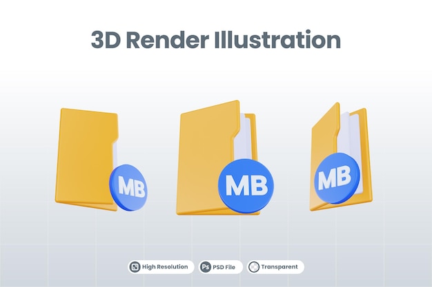 PSD icône de mégaoctet de dossier de rendu 3d avec dossier de fichiers orange et mégaoctet bleu