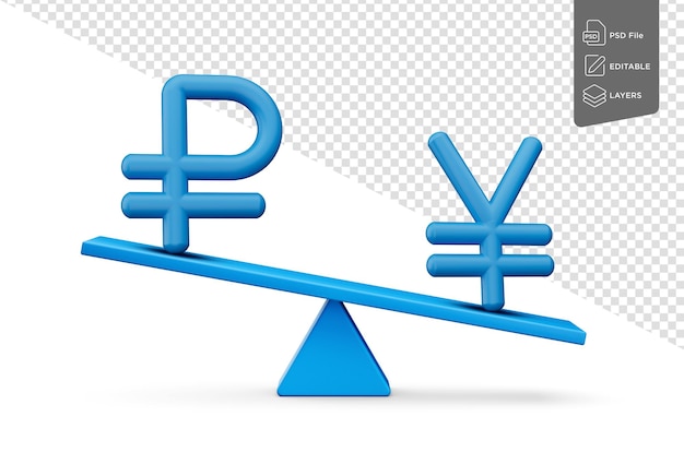 PSD ícones de rublho e yen azul com arcos de troca de dinheiro em fundo branco ilustração 3d