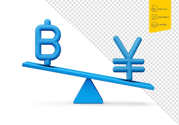 PSD ícones do símbolo do baht e do iene azuis com balanço de peso azul balanço 3d ilustração