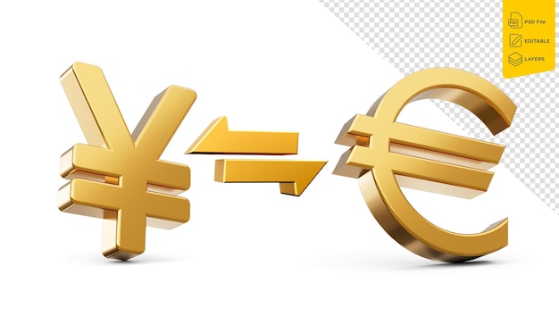 PSD icones du yen doré et de l'euro avec des flèches d'échange d'argent sur fond blanc illustration 3d