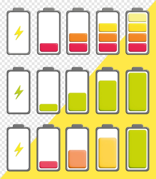 PSD icônes d’indicateur de charge de batterie 3d progression de la charge de la batterie différents niveaux de charge