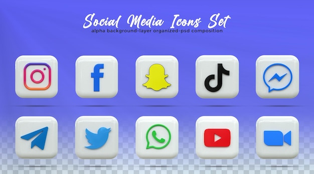 PSD icônes de médias sociaux 3d collection de logos de médias sociaux avec style brillant de rendu 3d