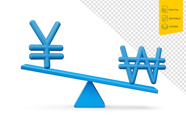 PSD ikonen des 3d-blauen yen und des gewinnsymbols mit 3d-blue balance weight seesaw 3d-illustration