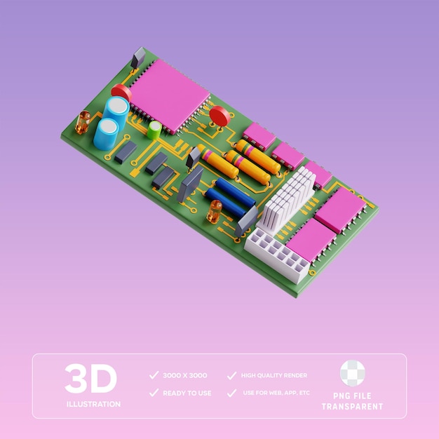 PSD illustration 3d de la carte mère psd