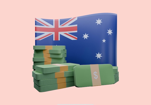 PSD illustration 3d du drapeau australien et de la monnaie appelée dollar