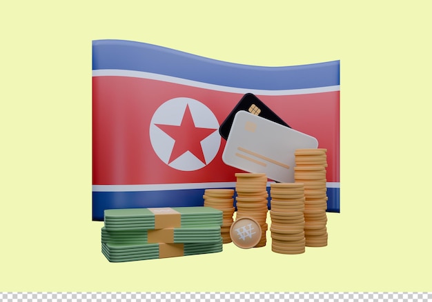 PSD illustration 3d du drapeau et de la monnaie nord-coréens appelés won