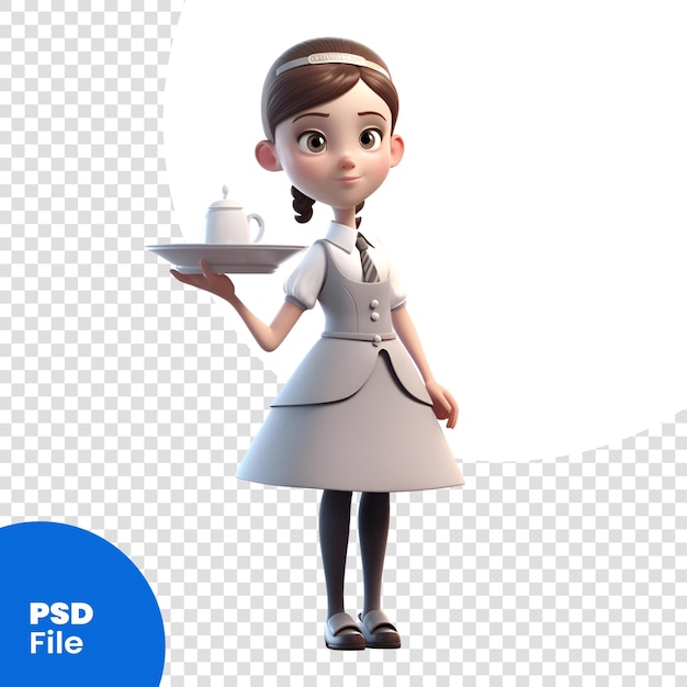 PSD illustration 3d d'une jolie petite serveuse avec un plateau et un modèle psd de bougie