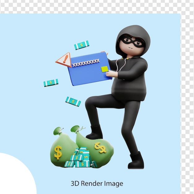 PSD illustration 3d personnage de la cybercriminalité volant de l'argent au guichet automatique