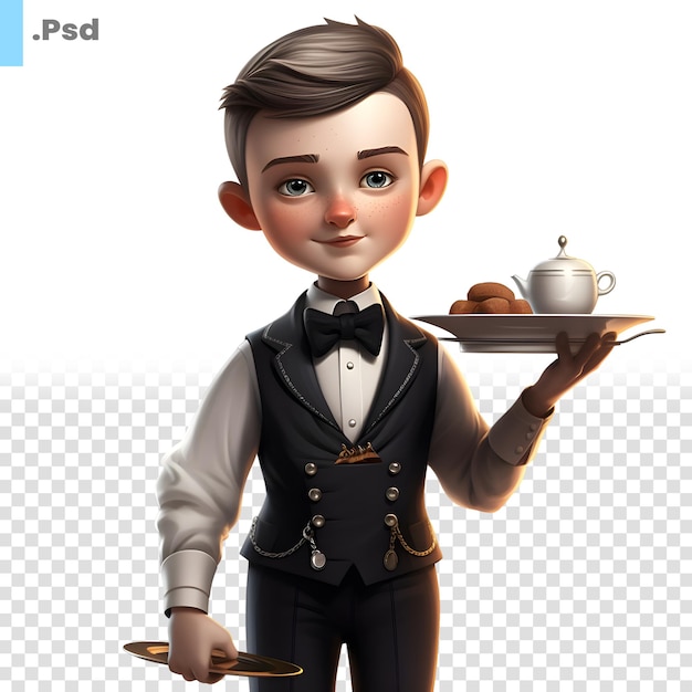 PSD illustration 3d d'un serveur avec un plateau et une théière modèle psd