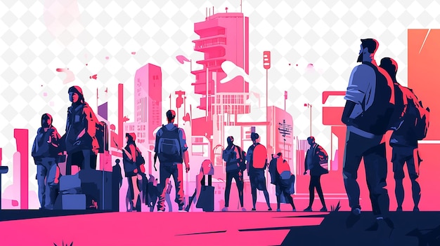 PSD une illustration colorée de gens debout devant une ville