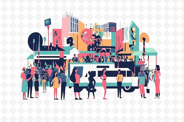 une illustration colorée d'une ville avec des gens debout autour