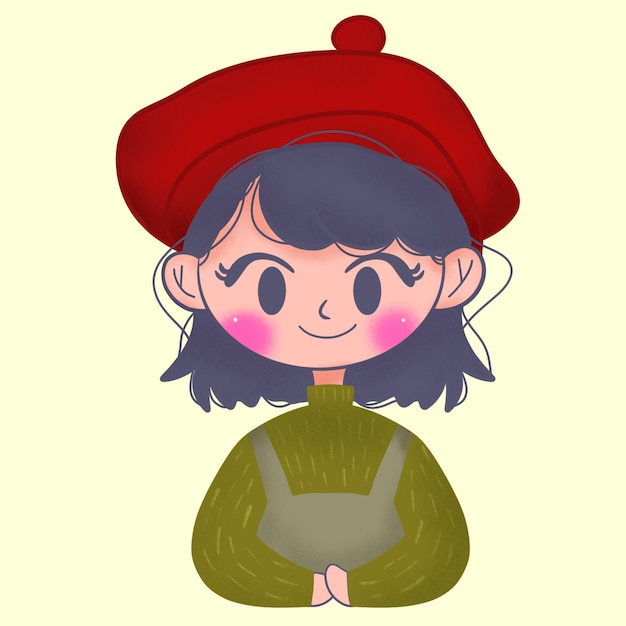 PSD illustration dessinée à la main d'une petite fille en chapeau rouge avec une chemise à col vert