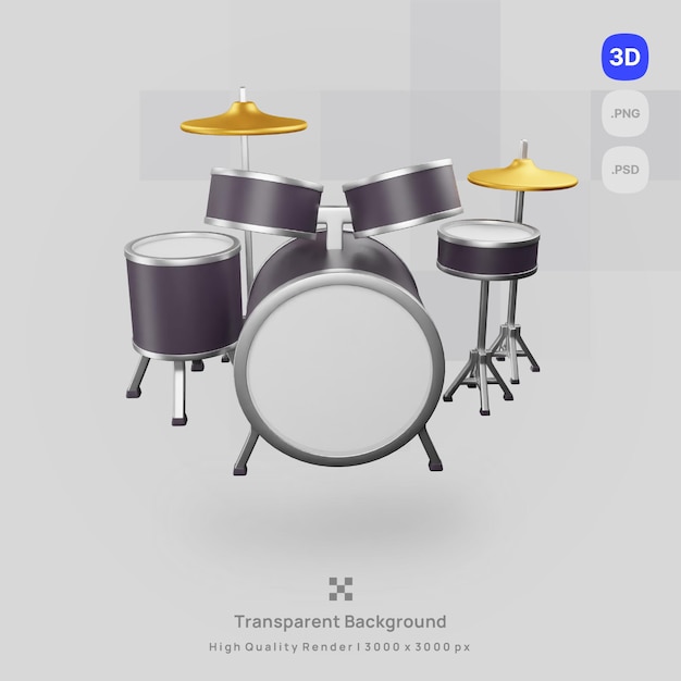 PSD illustration d'icône 3d render music studio drum set batteur avec fond transparent