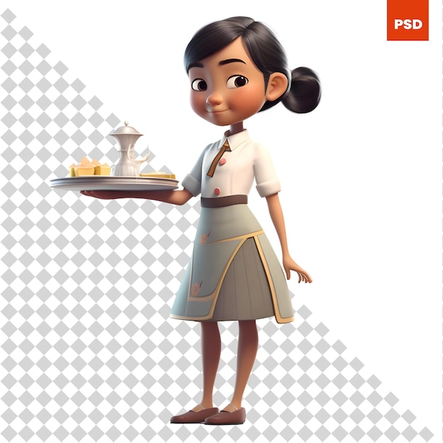 PSD illustration d'une jolie petite serveuse avec un plateau sur fond blanc