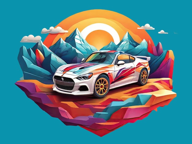 PSD illustration d'une voiture de course dans les montagnes