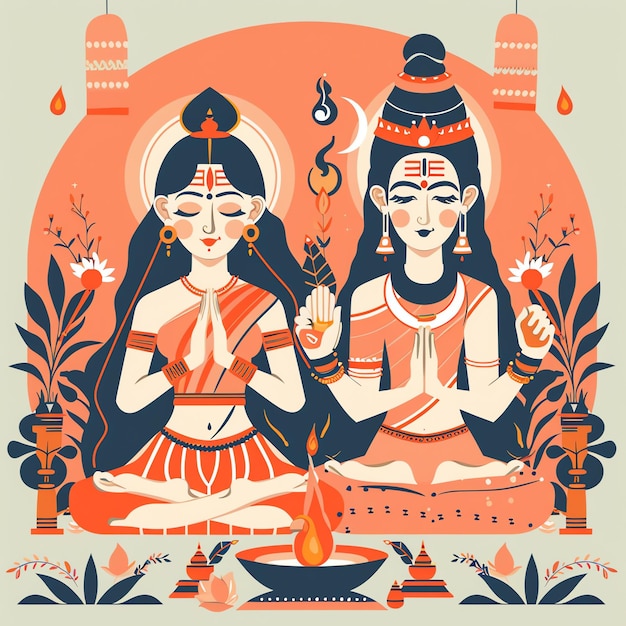 PSD illustration von göttin parvati und lord shiva in der teej-festival-umgebung indische illustration