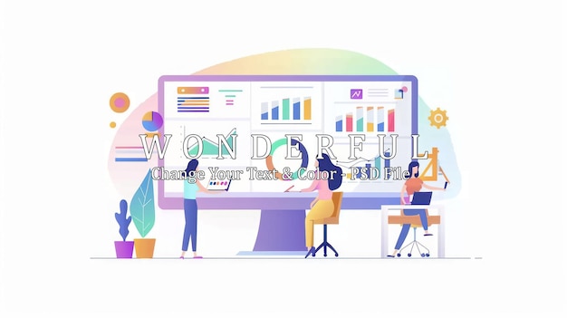 PSD illustrazione di business analytics donne che analizzano i dati sullo schermo del computer