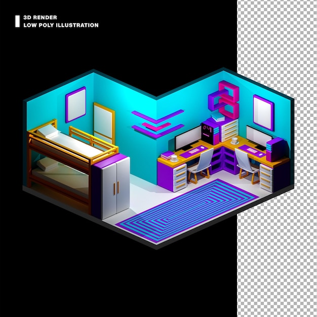 PSD ilustração 3d de baixo poli quarto em forma de l e estudo para duas crianças