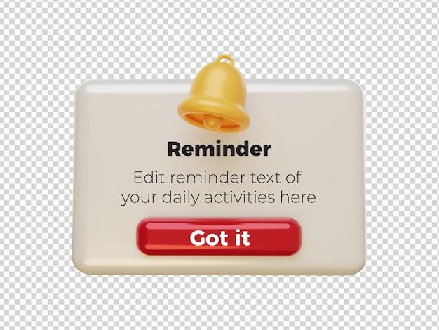 PSD ilustração 3d de lembrete com campainha amarela página notwifications com renderização de planejamento de negócios 3d bell