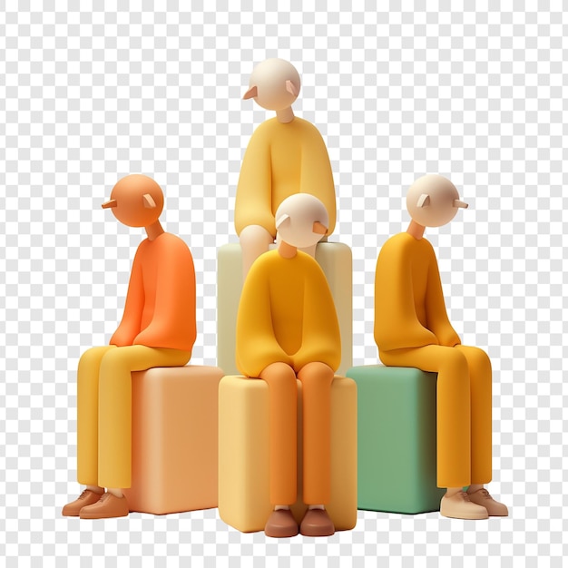 PSD ilustração 3d de quatro figuras sentadas em cubos