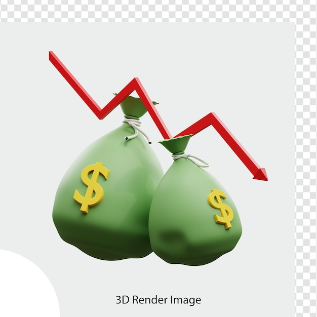 PSD ilustração 3d de seta para baixo de nota de dólar