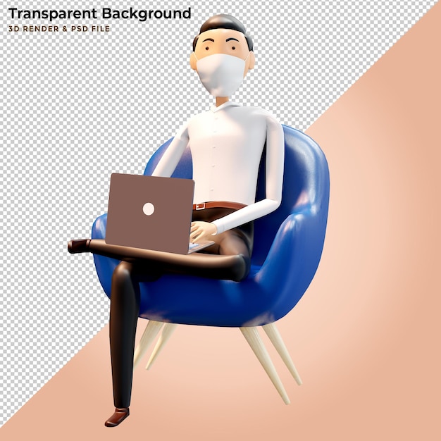 Ilustração 3D homem com laptops trabalhando na poltrona