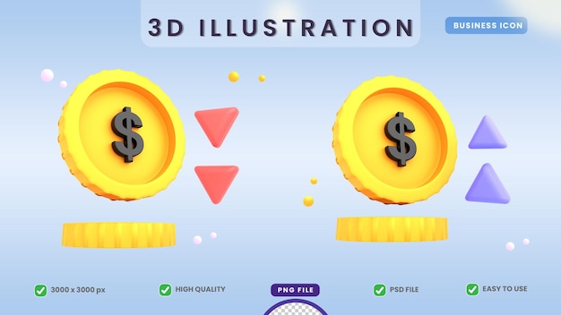 PSD ilustração 3d moedas de dólar de ouro perda de lucro premium psd