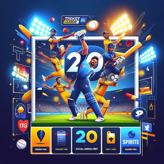 PSD ilustração vetorial do modelo de feed de mídia social da t20 cricket league 2024