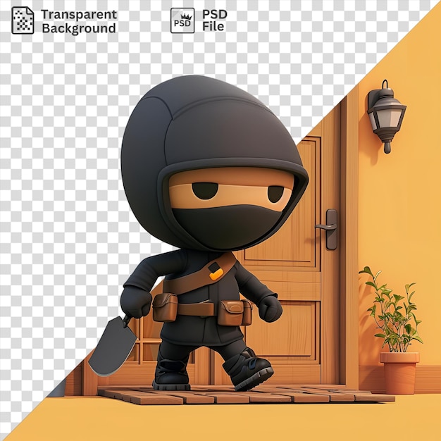 PSD incroyable dessin animé de voleur 3d entrant dans une maison entourée de plantes en pot et d'un mur jaune avec une porte en bois et une poignée en métal en arrière-plan