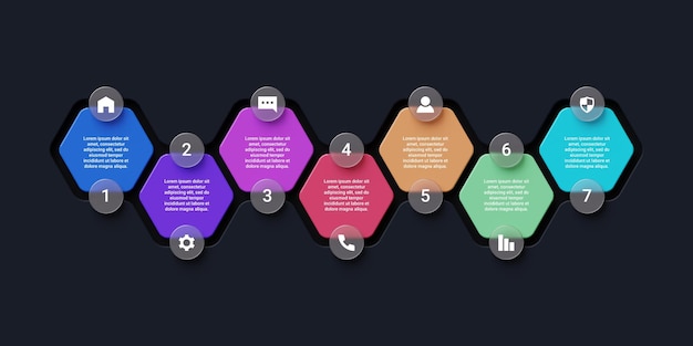 PSD infografik-timeline-sechseck-vorlage mit 7 optionen