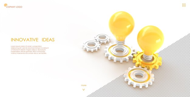 PSD innovative ideenentwicklung isometrische zielseite 3d-rendering suchen sie nach einer kreativen lösung mit leuchtenden glühbirnen auf zahnrädern mechanismus brainstorming oder startup-start web-banner 3d-illustration