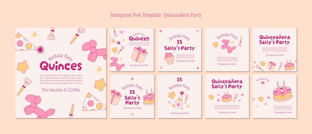 Instagram-Beiträge für Quinceañera-Partys im flachen Design