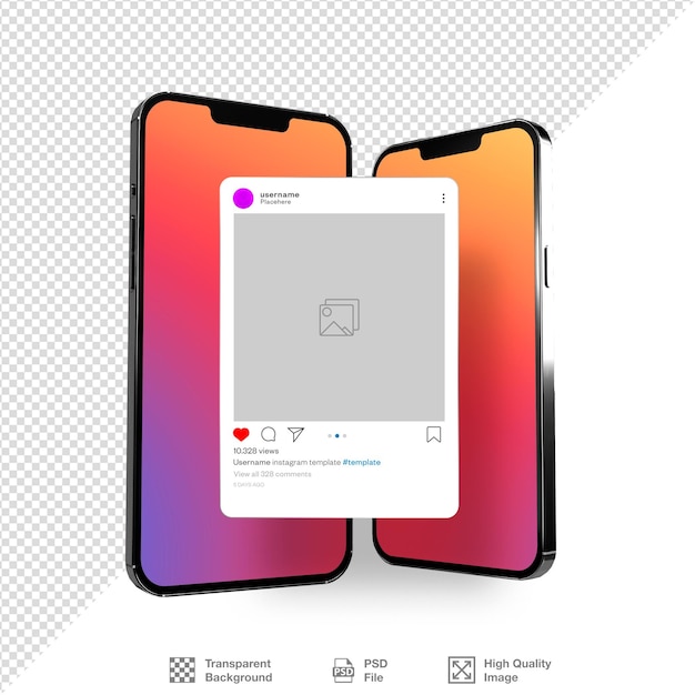 PSD instagram post phone mockup arrière-plan transparent entièrement modifiable